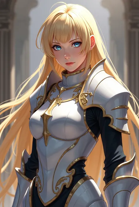 mature woman, adult woman, long blonde hair, blue eyes, bang in front of forehead, holy white knight female armor, black undershirt, black underpants, anime