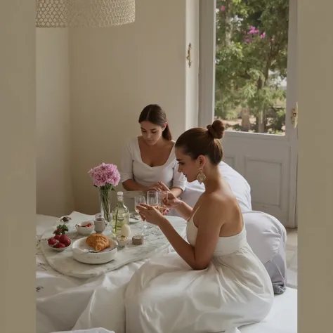 Deux femmes élégantes sont allongées sur un lit king-size recouvert de draps en lin blanc, baigné de lumière naturelle. La pièce, décorée dans un style méditerranéen raffiné, est ouverte sur une terrasse donnant sur des collines verdoyantes et des cyprès t...