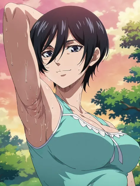 masterpiece, best quality, amazing quality, anime screencap, 1girl, solo, mikasaIL, short hair, hair between eyes, black hair,black eyes, wearing precure outfit, sleeveless, large breast, cleavage, bare shoulders, bare arms, arm behind head, armpit, head t...