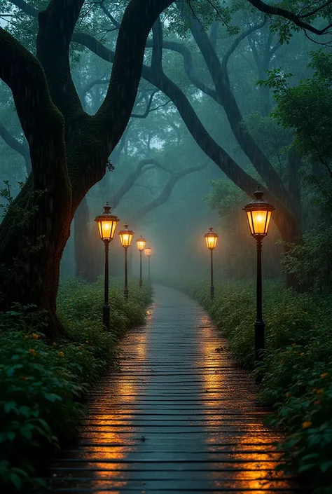 "A wet wooden pathway in the middle of a lush forest during a heavy rain. Classic lanterns line both sides of the path, casting a warm golden glow that reflects off the damp wooden surface. Tall trees with twisted branches form a dark canopy above, creatin...