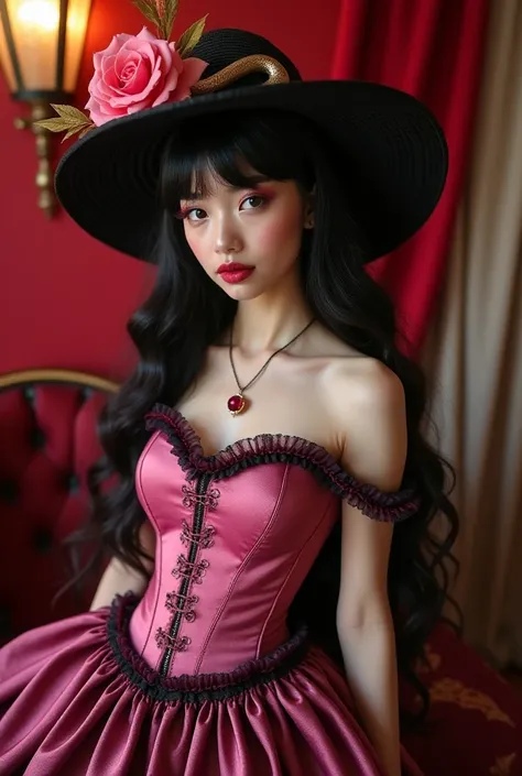 A fair-skinned white girl 
with a dark pink corset and a round skirt with pink and black ruffles and a rose in the red hair in the background of a cabaret and a black beach hat with some pink flowers and a gold snake long black hair 