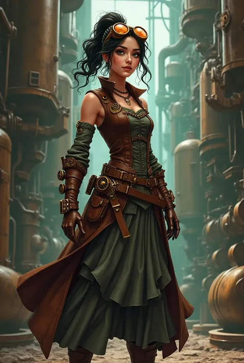 " Draw Maria Quitéria de Jesus in the anime style /manga,  with a steampunk look .  She is wearing an elegant and detailed steampunk costume ,  a dark brown leather vest with gold gears ,  a long skirt with layers of fabric and high boots .  Add accessorie...