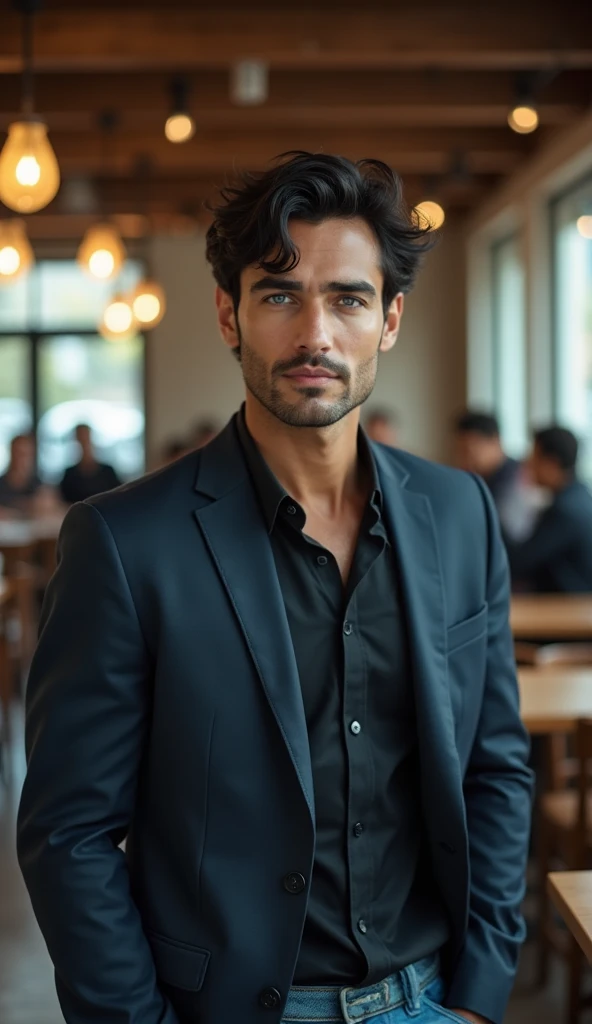 A cinematic portrait photograph of a ruggedly handsome, blue-eyed man in his mid-20s, his dark black hair slightly tousled and messy, framing his chiseled facial features, with a strong jawline and subtle smile, wearing a suit and light blue jeans, blendin...