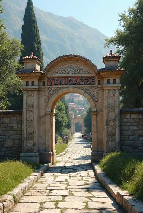  Think of a palestinian city named  "The sign of the city named Yenigazze "  established in Turkey Inner Anatolia .  written in Turkish at the entrance to this city "The sign of the city named Yenigazze "  sign . Create this 