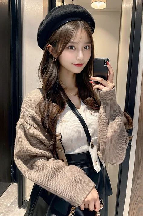 "A realistic photo of a young woman taking a mirror selfie indoors. She has long, straight brown hair and is wearing a stylish black hat with a ribbon tied at the back. She is dressed in a cozy gray cardigan with large buttons and ribbed sleeves, paired wi...