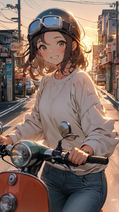  unclear(  TOP QUALITY、  Masterpiece、  high resolution)、((1 person)),(Wear a half cap helmet,Cute woman wearing white sweatshirts riding a red scooter bike),(Small scooter)Head to the convenience store at, half helmet , jeans, sneakers,evening, natural lig...