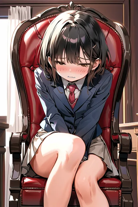 (ultra-detailed, best quality, anatomically perfect body), (full body:1.2), (chairwoman:1.3), (suit skirt:1.3), (queen's chair:1.3), (in a courtroom:1.2),(double-crossed leg:1.5),(hand between legs:1.3), (have to pee:1.1),(urge to pee:1.3), (very desperate...