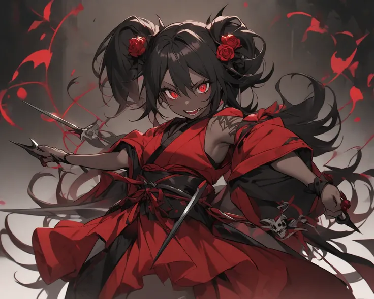 A vampire girl,   with bright red eyes ,  and long black hair  , wearing a black and red outfit with roses drawn, Similar to a kimono , having slightly brown skin , And having two daggers 