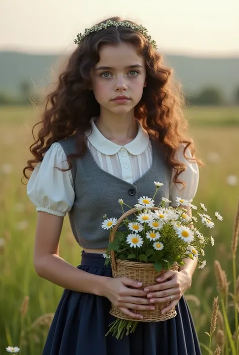  a German girl  (anya taylor joy)  of 23 years. BY TEZ CLARA,  huge and very large dark gray eyes ,  with long curly dark brown hair, in a meadow, dressed in a white short sleeve princess-style shirt, a gray dress vest and a long navy blue skirt, with a ba...