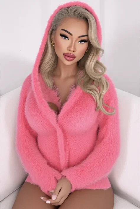 Black Female character wearing a pink 2 piece lingerie with a pink fur coat, pink fur jacket on, fur hoodie over her head, shades on her eyes, front-facing and sitting straight with her hands folded in front of her. Her blonde hair partially covers her fac...