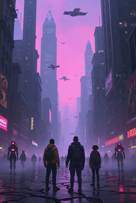 A dystopian futuristic city in the year 3025, with towering skyscrapers covered in neon signs, flying cars, and dark alleyways filled with mist. The sky is deep purple with floating surveillance drones scanning the streets. In the foreground, three time tr...