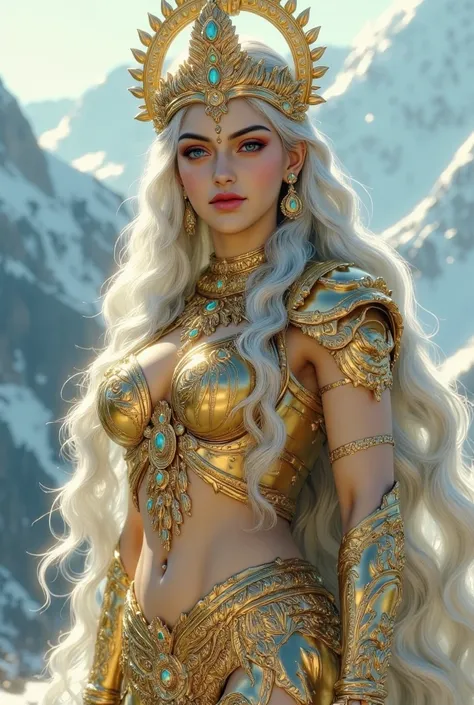 Full body image of Goddess durga with thick Milf body, wearing golden armor suit with futuristic sci fi technology and intricate indian design also have golden jewelry, xnayan very thick milf body, long white hair, white skin tone, red lipstick, hyper real...