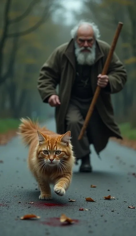 A brown, fluffy cat is running down a road in fear. Behind it, an old man with a wrinkled face, a hunched back, and a long gray beard is chasing it while holding a wooden stick. His eyes are filled with anger, and he is mid-stride, his worn-out clothes fla...