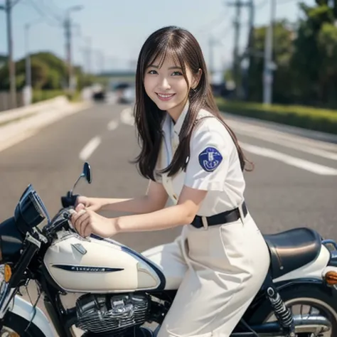 office lady, American cruiser motorcycle, Yamaha xv1900cu, cream-colored company uniform, riding on Route 7, speed lines, focused on thighs, from head to knee, ((masterpiece)), ((best quality)), (ultra-detailed), ((beautiful eyes)), Japanese female, (slend...