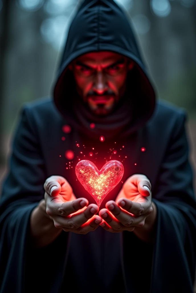  man mugged with a heart-shaped light in his hands,  spell casting mago, mago casting a spell, Magic Heart,  magic sorcerer witch , an arcane mago casting a spell, black magic spells, mago, casts magic,  spell casting, Male wizard , with black magic powers...