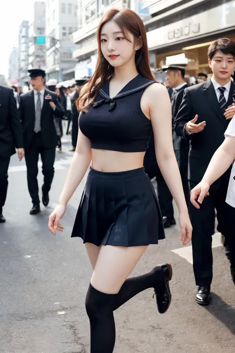 A beautiful girl, an idol by profession, with a stunning figure, large and well-shaped breasts, long legs, a slender and balanced body, and perfect anatomy. She is wearing a very short sailor-style school uniform with a cropped navel-baring tank top that s...