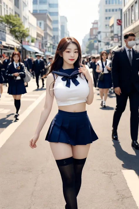 A beautiful girl, an idol by profession, with a stunning figure, large and well-shaped breasts, long legs, a slender and balanced body, and perfect anatomy. She is wearing a very short sailor-style school uniform with a cropped navel-baring tank top that s...