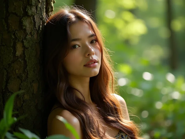 A long-haired model resting against a tree in a lush green forest, her hair cascading down her shoulders. Sunlight filters through the leaves, casting dappled light on her serene face as she enjoys the peaceful embrace of nature. 