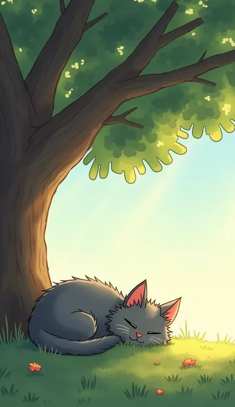 Prompt: A small, fluffy gray cat, Milo, peacefully napping on a soft patch of grass beneath a large, leafy tree. The sun is shining through the leaves, casting dappled light on Milo's fur.
Details: The scene should be calm and serene, with gentle sunlight ...