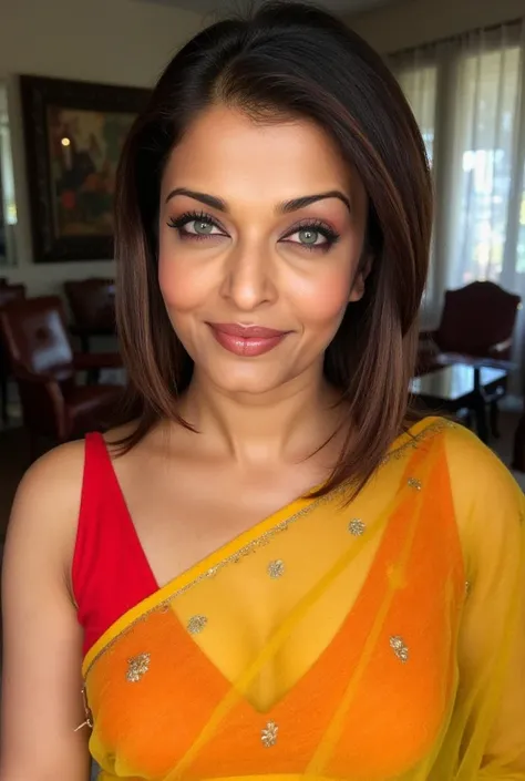  aishwarya rai (Realistic) (real mature face) 50 Years A close up selfie shot of sexy mature milf ,aishwarya rai wearing a red bra and yellow transparent saree,in living room home , realistic picture ,no editing ,no filters ,no artificial lighting,aishr