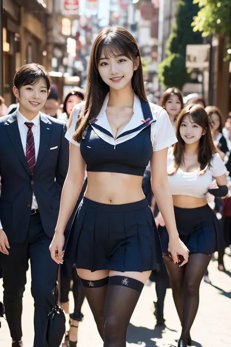 A beautiful girl, an idol by profession, with a stunning figure, large and well-shaped breasts, long legs, a slender and balanced body, and perfect anatomy. She is wearing a very short sailor-style school uniform with a cropped navel-baring tank top that s...