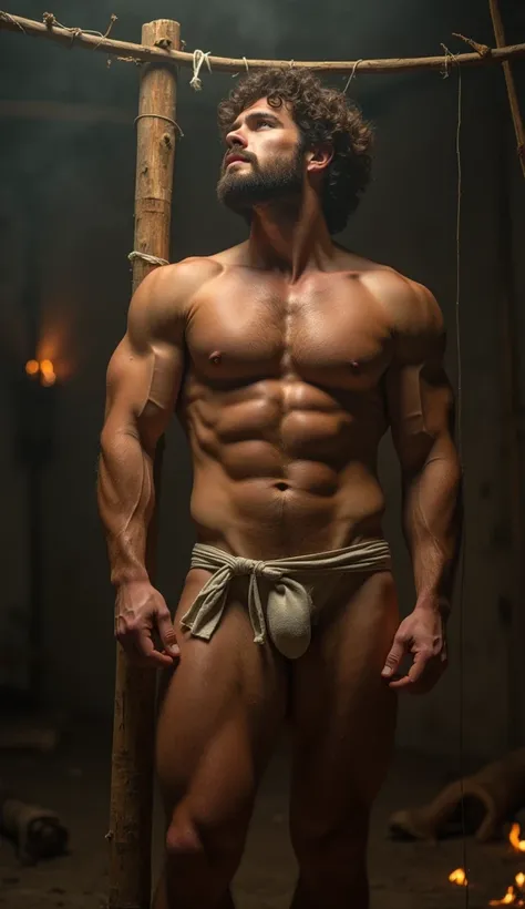 a professional photography of a handsoome hunk men fully naked, sexy recreattion of saint sebastian, muscular body,toned muscles, oiled skin, big pectorals, wide shoulderscurly hair, perfect body shape, mesomorph body shape, thin waists, hairy pubes, exudi...