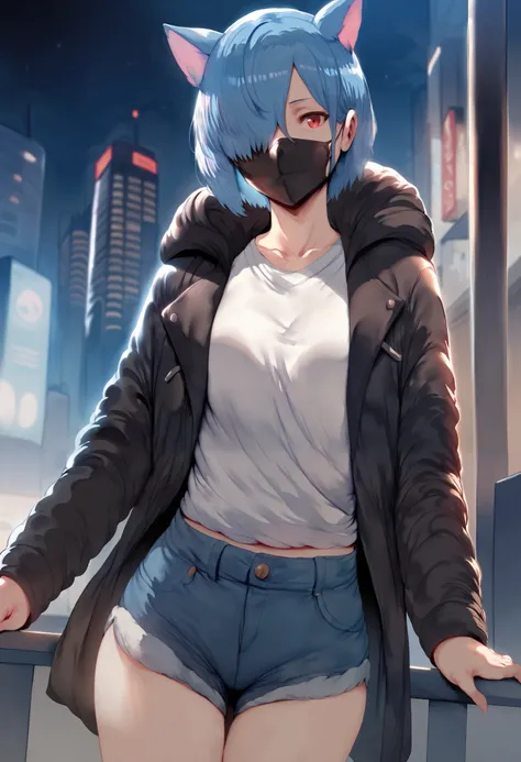 Hews style, 1girl, solo, cat ears, blue hair, hair over eye, red eyes, black leather jacket, hooded long jacket, white shirt, face_mask, black mask, night city, jeans shorts, cowboy shot 