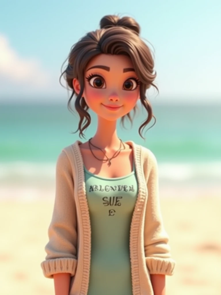 Create a beautiful and graceful woman animation 3D animation,  wearing a cardigan covered dress was on the beach, with slightly wavy hair but tied like a ponytail, Around her shirt is the inscription ALEANDRA.