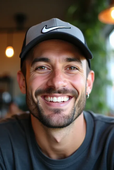 The image is a portrait style photograph showing a man with a warm smile. He has light, slightly tanned skin tone, brown eyes, and a well-groomed beard. He wears a black and white baseball cap with the Nike logo in white on the front. The man has a small e...