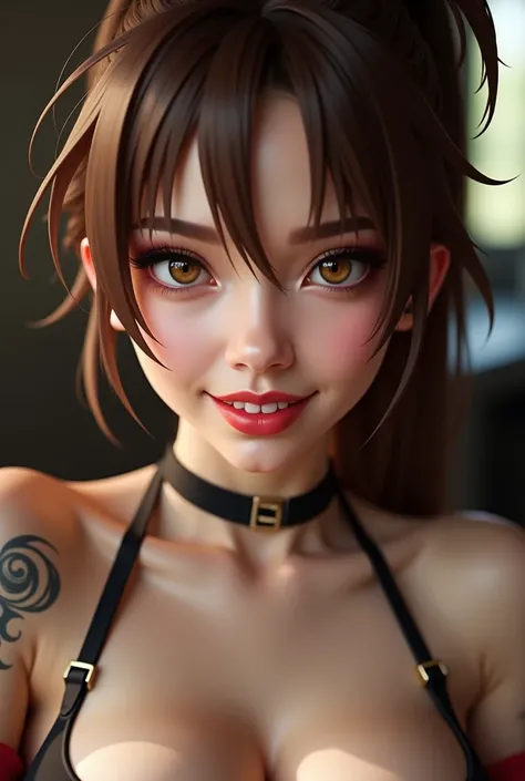 close-up portrait,  blurred background,  full lips, amber eyes,  brown-haired cosplay with high ponytail, cosplay de capoeira,  big boobs, tatuajes,  sexy smile