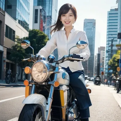 A scene in which an office lady wearing a cream-colored company uniform is riding an American cruiser motorcycle Yamaha The cityscape is vaguely drawn, and the colors are bright and dazzling under the bright sunlight, especially the metallic luster of the ...