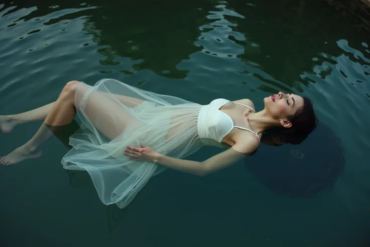 there is a woman laying in the water, photography alexey kurylev, inspired by Brooke Shaden, photography alexey gurylev, portrait of a woman on water, surreal portrait photography, floating in a pond, 8k artistic portrait photography, floating in water, tr...