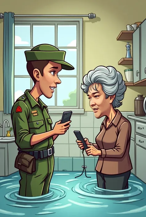 Funny male soldier in cell phone, bag, in water bag, in house talking to unpretty old woman cartoon