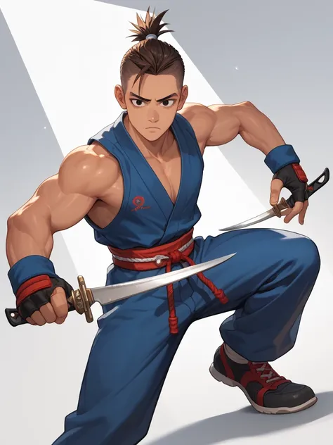  a boy,  brown skin,  haircut shaved sides and ponytail up ,  brown hair ,  black eyes, spiral mark on the forehead, 1 sickle on each hand  , Wear a sleeveless keikogi, Red Keikogi ,  blue pants , muscles, Banda de Bicep en Bicep Derecho, black martial art...