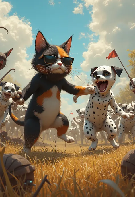 ultra detailed, absolutely resolution, masterpiece
A battle royale between anthropomorphized many calico cats (plump, chubby, bearded) and strong anthropomorphized many dalmatians (black sunglasses, lethal weapons), territorial disputes, rivalry, no rules,...
