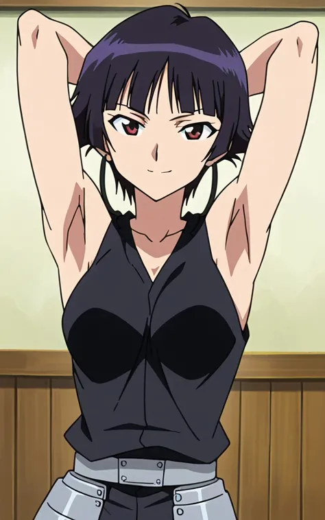 score_9, score_8_up, score_7_up, source_anime, anime screencap, 1girl, solo, soi fon, short hair, bangs, black hair, medium breasts, silver armor, soldier armor, sleeveless, bare shoulders, bare arms, arms behind head, armpits, head towards viewer, seducti...