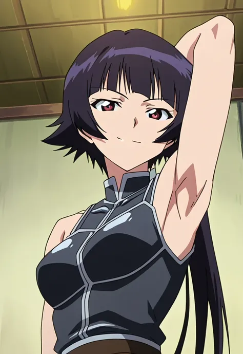 score_9, score_8_up, score_7_up, source_anime, anime screencap, 1girl, solo, soi fon, short hair, bangs, black hair, medium breasts, silver armor, soldier armor, sleeveless, bare shoulders, bare arms, arm behind head, armpit, head towards viewer, seductive...