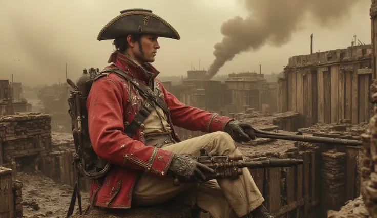 A soldier dressed in an eighteenth-century military uniform. Red coat, cream trousers. In his hands is a beautiful grenade launcher similar to a short-muzzled cannon. He sits among the wooden fortifications. beige sky with brown clouds.