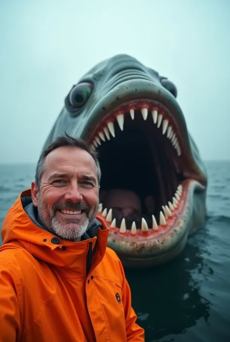 A close-up shot of a massive, terrifying alien fish with a wide- open mouth lined with sharp, jagged teeth, as a fisherman in a bright orange raincoat captures a selfie in front of it. The creature's slimy, textured skin and bulging, inhuman eyes give it a...