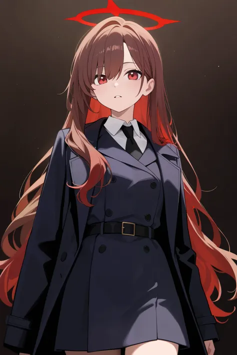 1 girl, Hair length reaches the back, Brown hair and red hair on the edges of the hair, red eyes, but not bright, wear a sexy queen coat, หน้าอกไซส์ปานกลาง, have a red halo