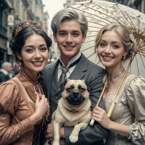 very realistic photo of three persons: a handsome indonesian man with short & spiky light gray hair, a beautiful chinese woman with long black hair who is carrying a pug dog in her arms, a beautiful swedish woman with shoulder length blonde hair who is hol...