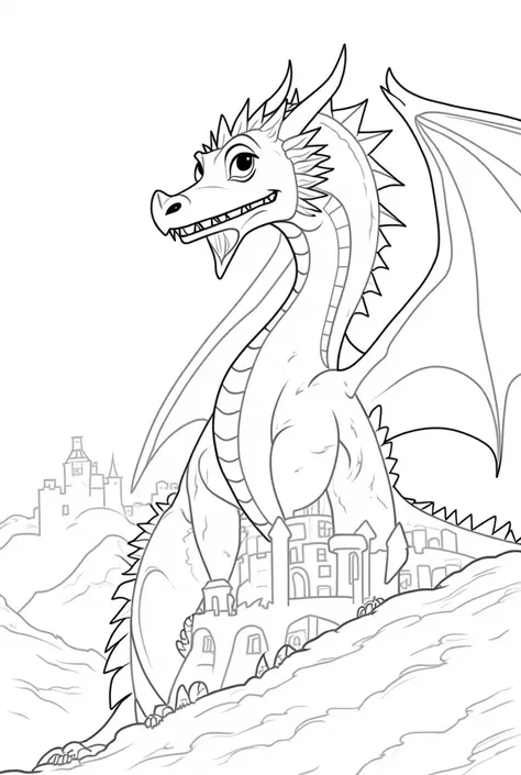 A dragon guarding a castle. Coloring page for s, black and white line art, thick, bold outlines, no shading, no color, very detailed but simple for s, clear visible lines, printable, A4 size. High contrast, vector style outlines,