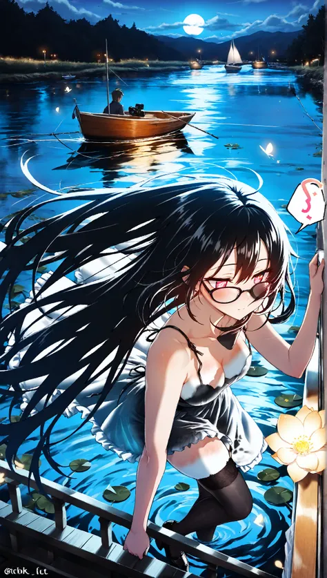 ( high quality, 8k,  original character), (fact: 1.5), ( Masterpiece, 最 high quality,  high resolution: 1.2),  girl, Summer Night, (Stockings Smooth texture: 1.5),  Sexy Skirts ,  Delicate Eyes,  delicate image , boat, river,  facing the camera ,  A big lo...