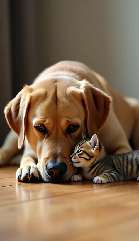  realistic pictures、 best image quality、An adult Labrador Retriever dog、 lying face down on the floor 、The Shiba Tiger kitten is playing around and punching the dog's nose、The dog is holding down the kitten's head with its front paws