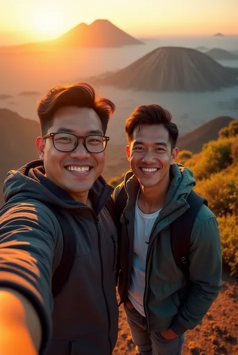 (((Photorealistic))), Gunung bromo, padang pasir, kawah, (1man, tall, big muscle, eyeglasses), (1man, slim muscle body), selfie together with smile, asian, sunrise, warm temperature, some greens, well clothed, wear jacket,