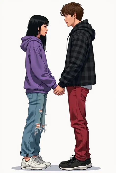  Asian woman with straight black hair black eyes and .  purple hoodie and a loose worn jean with white sports shoes ,  she is standing in profile with a serious face .  tall and athletic man with long brown hair brown eyes a black plaid shirt with red wide...