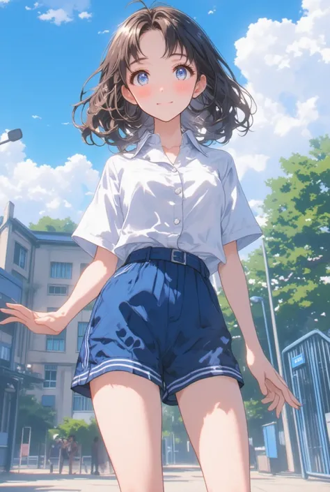 (standing position) facing forward Show the whole body ( school ground ,noon, cloudy sky) 　(school gym buruma)  bloomers、( bloomers)
short bloomers　青色の bloomers1:5 Tuck the hem of your shirt into your bloomers 美しいアニメ風ポートレート　 Detailed Portrait of a Beautifu...