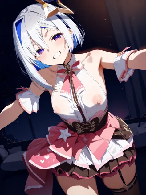 masterpiece, high score, great score, absurdres, (1girl,, Amane Kanata, hololive, looking at viewer, sexy smile, armed, sexy, obscene decoration, AZKi(Hololive) costume, cosplay, covered nipples, erect nipples) , dark night, 