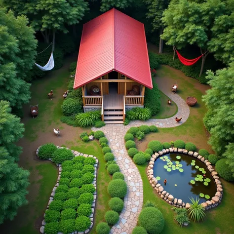 An aerial view of a charming home surrounded by lush greenery and a vegetable garden. The rustic house has a red corrugated metal roof and a wooden porch with steps leading to it. A stone pathway curves through the yard, lined with neatly organized rows of...