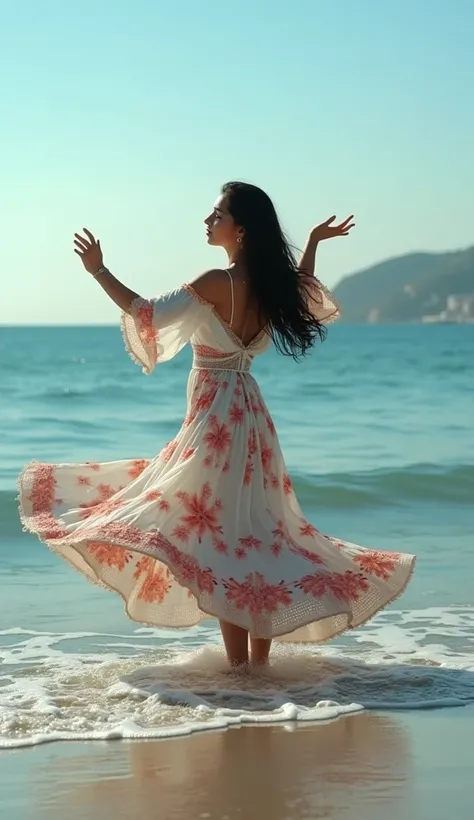  High quality vaccines, 8k
**Title:** " The Sea Dancer "
** Duration :** 1:30 minute

1 . **0:00 - 0:10**:  Introduction of the Turkish woman with brown eyes and long wavy black hair dancing on the seashore on a sunny day.
2. **0:10 - 0:20**:  First elegan...